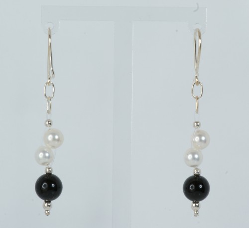 Sterling Silver Freshwater Pearl/Black Bead Drop Earrings